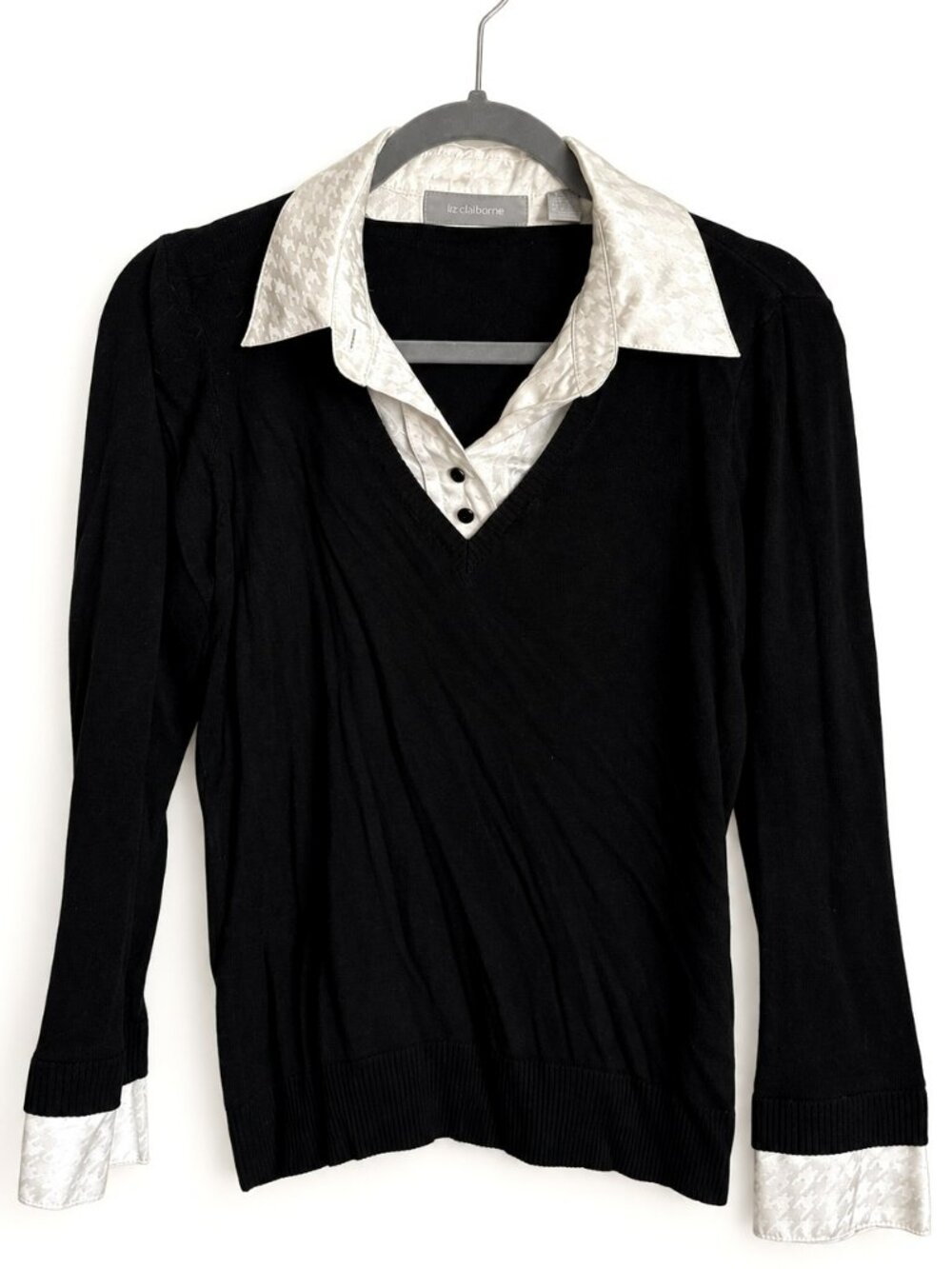 Liz Claiborne Petite Black Houndstooth Layered Sweater L